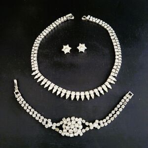 Faceted Rhinestone Set Necklace Bracelet Convertible Earrings VTG Estate Jewelry